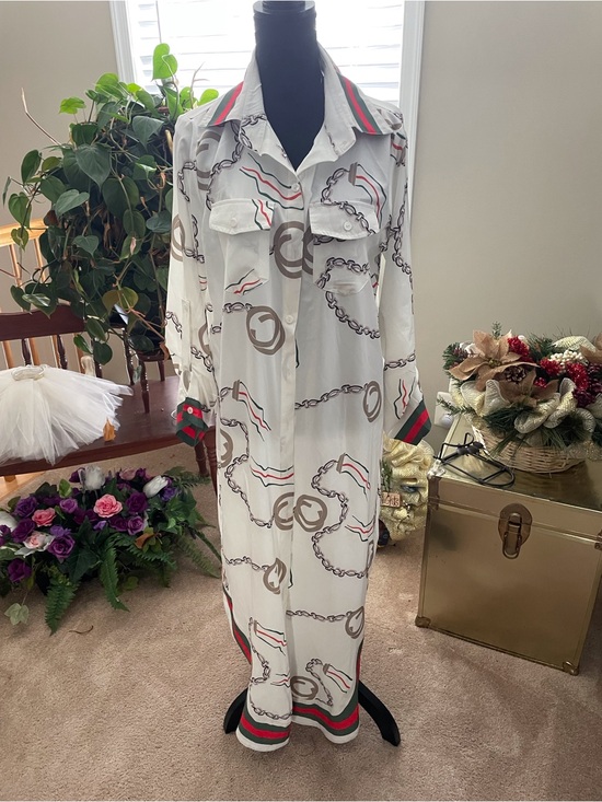 Dresses & Skirts - White Chain-Print Long Shirt Dress with Stripe Trim